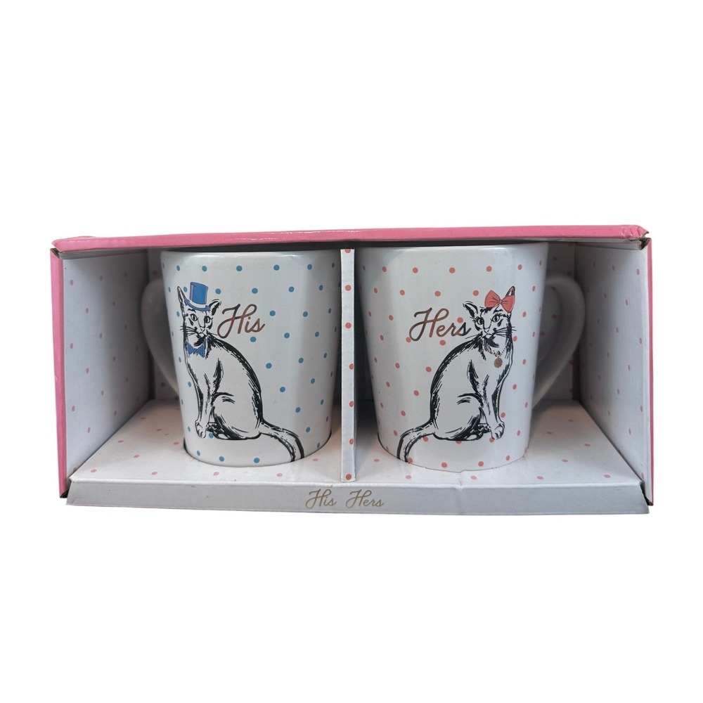 NIB American Atelier His‎ & Hers Polka Dot Cat Mugs